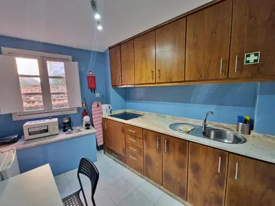 a kitchen with wooden cabinets and a sink at AlfandegaPorto Apartments in Porto
