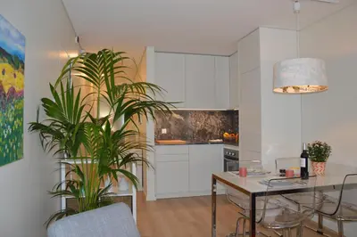 a kitchen with a table and a potted plant at Oporto Like Home II in Porto