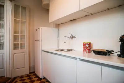 a white kitchen with a sink and a refrigerator at METRO APARTMENT in Porto