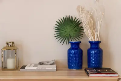 two blue vases sitting on a shelf with books at BOUTIQUE Rentals - Little Treasure Studio in Porto