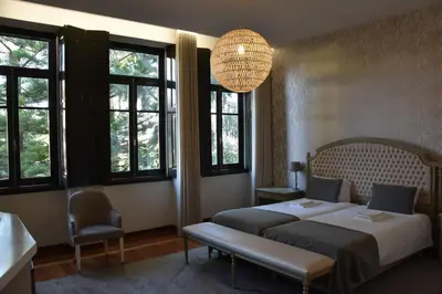 a bedroom with a bed and a chandelier and windows at GR Suites in Porto
