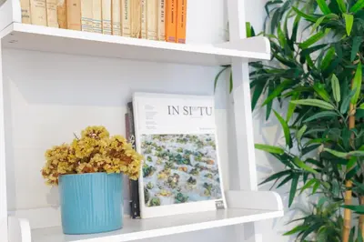 a book shelf with books and a vase of flowers at Own Places Cedofeita Apartments in Porto