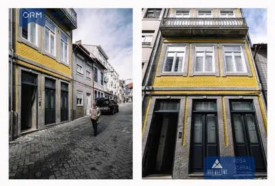 a yellow building and a woman walking in a street at ORM - Mártires & Pinheiro Apartments in Porto