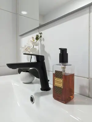 a bottle of soap sitting next to a sink at Pine Tree Apartment in Porto