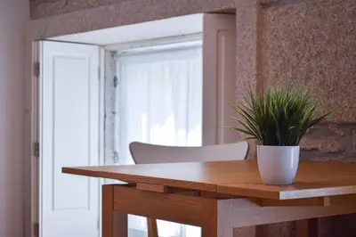 a wooden table with a potted plant on top of it at Aurora Garden in Porto