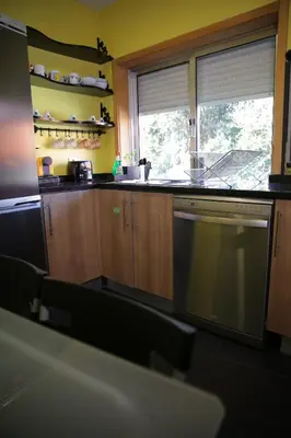 a kitchen with wooden cabinets and a window and a dishwasher at Braancamp 65 in Porto