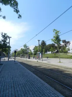 a brick sidewalk next to a street with trees at InvictaViews Loft in Vila Nova de Gaia