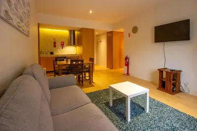 a living room with a couch and a table at Garça Real Flats in Porto