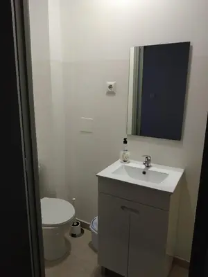 a bathroom with a sink and a toilet and a mirror at Gabriel Guesthouse in Porto