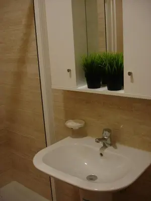 a bathroom sink with two potted plants on a shelf at Formosa Oporto Apartments Group in Porto