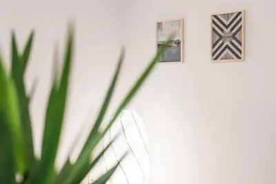 a plant in front of two pictures on a wall at GuestReady - Terracota Bureau in Porto