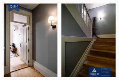 two pictures of a hallway with a door and stairs at ORM - Camões Apartment in Porto