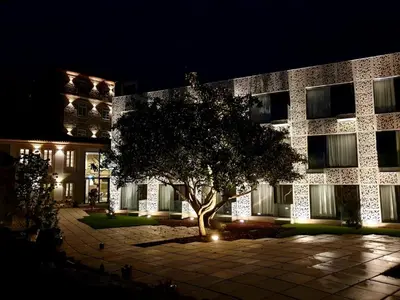 a building with a tree in front of it at night at Caléway Hotel in Vila Nova de Gaia