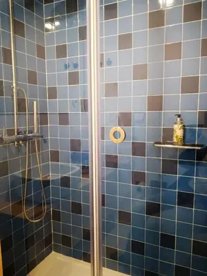 a bathroom with a shower with blue tiles at Ceuta Inn Porto in Porto
