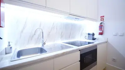 a kitchen with a stainless steel sink and a counter at ON Apartments - Palace - Free Parking in Porto