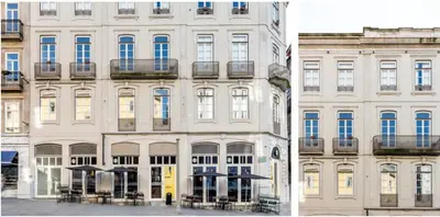 a building with tables and umbrellas in front of it at Little Capeli in Porto