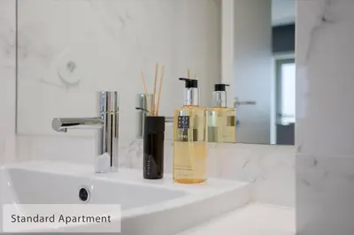 a bathroom sink with two bottles of shampoo and a mirror at Alegria Residence in Porto