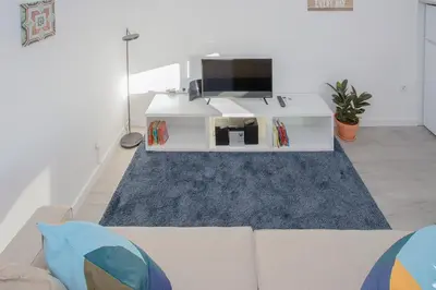 a living room with a tv and a blue rug at Liiiving in Porto | Center Spot Apartment in Porto
