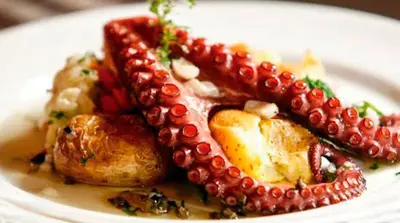 a plate of food withopus tentacles on a plate at SLEEPBOAT Barco Hotel in Porto