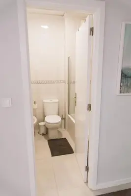 a white bathroom with a toilet and a shower at Gaia Central Apartment in Vila Nova de Gaia