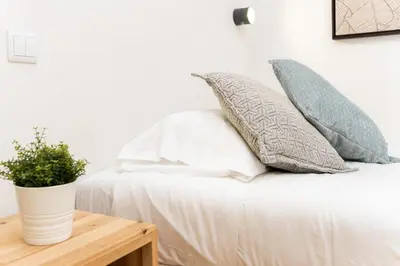a bed with pillows and a potted plant on a table at Nomad's Bonjardim City Flats in Porto