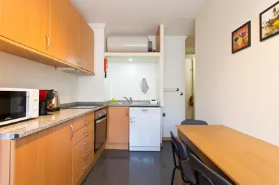 a kitchen with wooden cabinets and a white refrigerator at Studios Porto Solar in Porto