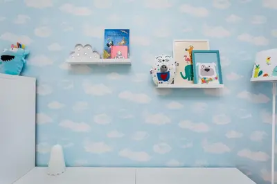 a room with blue walls and white clouds at Sancha Apartment - in the Centre near the Aliados in Porto