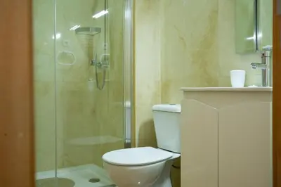 a bathroom with a toilet and a glass shower at D'OURO DOM MANUEL By LW in Vila Nova de Gaia