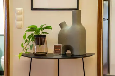 a shelf with a vase and a plant on it at Firmeza388 Charming Flats - Comfort & Privacy with 2 Bedrooms in Porto