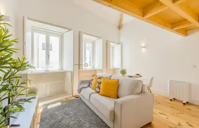 a living room with a television and two potted plants at Oporto Bonjardim Loft in Porto