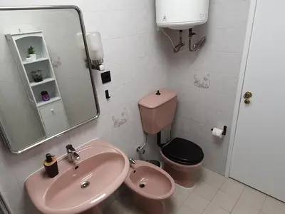 a bathroom with a pink toilet and a sink at Ninho Jardim do Morro in Vila Nova de Gaia