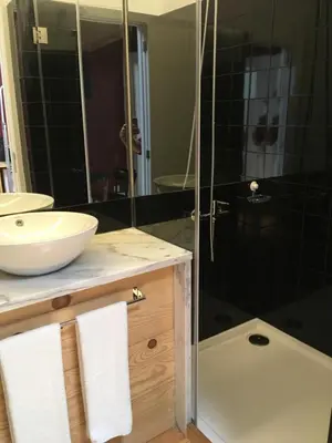 a bathroom with a sink and a glass shower at Pimms Home Ribeira in Porto