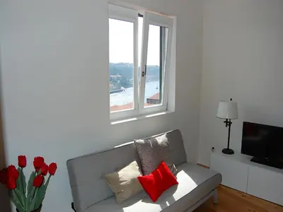 a living room with a couch and a vase of red flowers at Top Flat in Porto