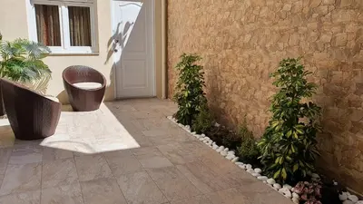 a walkway with plants next to a brick wall at Marques Garden with PARKING in Porto