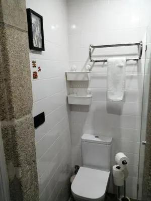 a white bathroom with a toilet and a towel rack at Oporto Ana's Studio in Porto
