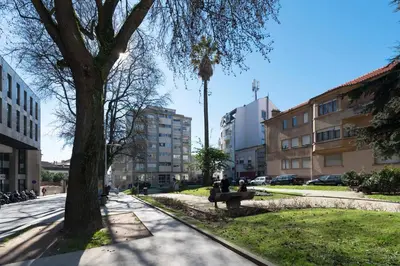 two people sitting on a park bench next to a tree at All in flat by, city center, skyline in Porto