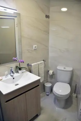 a bathroom with a toilet and a sink and a mirror at Hotel Visconde in Porto