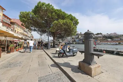 a scooter parked on a sidewalk near the water at FLH Porto Spacious Duplex in Porto