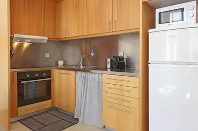 a kitchen with wooden cabinets and a sink and a refrigerator at FLH Porto City Apartment with Balcony in Porto