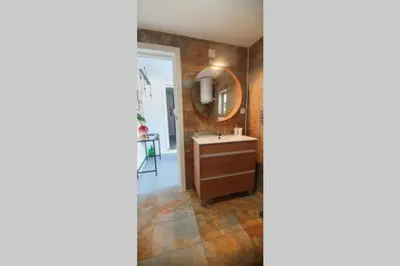 a bathroom with a sink and a mirror at T2P Mimosa House in Vila Nova de Gaia