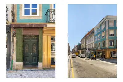 two pictures of a city street with buildings and a green door at Cedofeita Premium Apartment 1B in Porto
