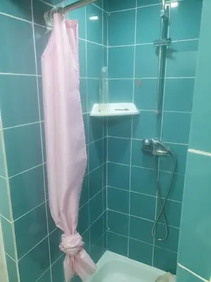 a bathroom with a shower with a pink shower curtain at Truz truz2 in Porto