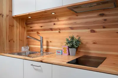 a kitchen with a sink and a wooden wall at Jasmine Loft in Porto