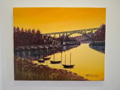 a painting of boats in a river with a bridge at Porto River Sunset 1st in Vila Nova de Gaia