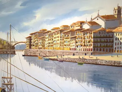 a painting of a building with boats in the water at Porto River Sunset 1st in Vila Nova de Gaia