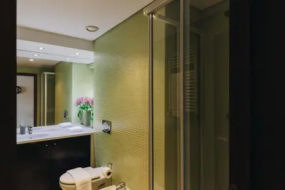 a bathroom with a shower and a toilet and a sink at Douro Riverfront 2BR with Private Terrace & Garage in Porto