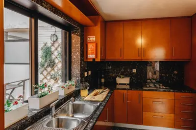 a kitchen with wooden cabinets and a sink at Douro Riverfront 2BR with Private Terrace & Garage in Porto