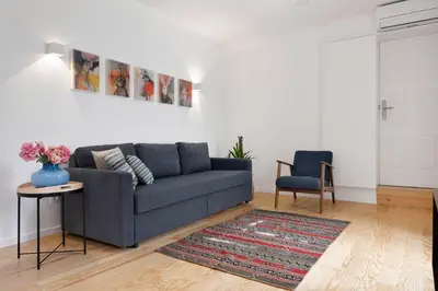 a living room with a blue couch and a rug at Oporto Classic Terrace in Porto