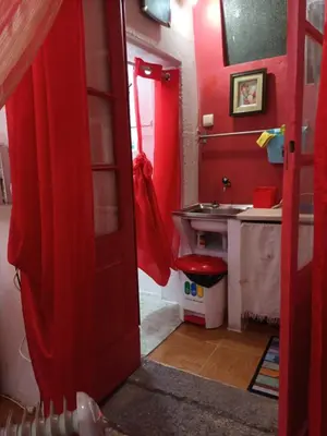a red bathroom with a sink and a red door at AL-Pinheiro 62 in Porto