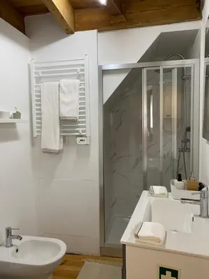 a white bathroom with a shower and a sink at My Little Porto - Charming house in Miragaia, Porto in Porto